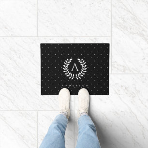 Paillasson Motif à pois monogramme laurier blanc sur fond noi