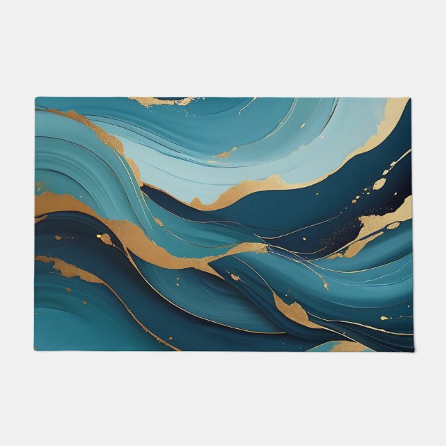 Paillasson Motif Abstrait Fluide Or Sarcelle Marine Luxe (Devant)