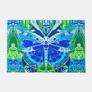 Paillasson Motif Batik de papillon et de médaillon en bleu