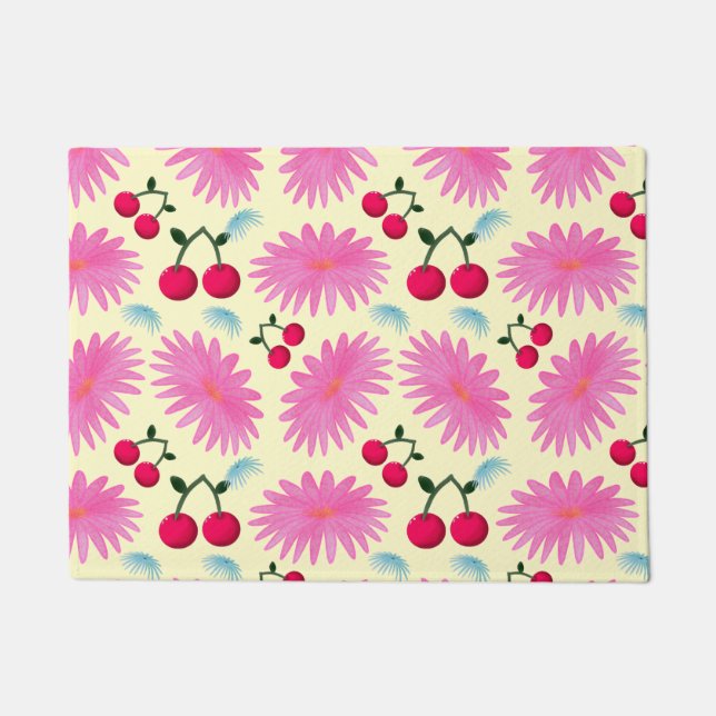 Paillasson Motif Cerise Floral Rose Clair | Mignon Kawaii (Devant)