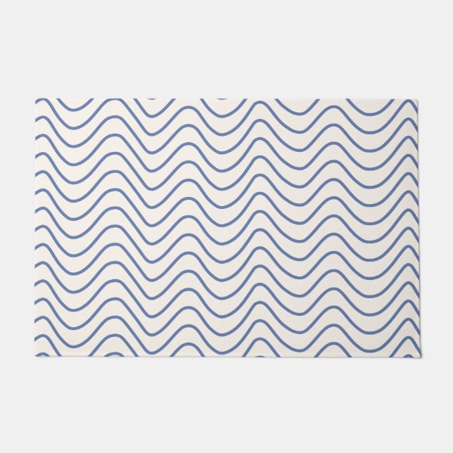 Paillasson Motif Chevron Ligne Minimale Bleu sur Crème Blanc (Devant)
