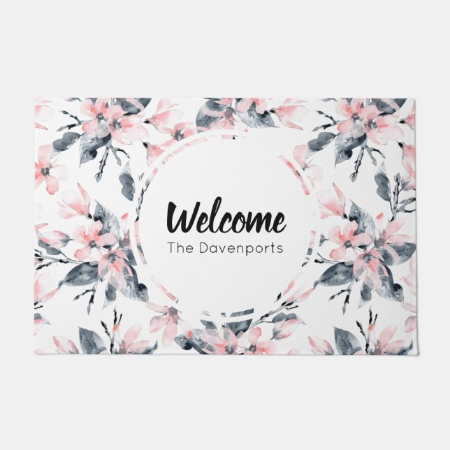 Paillasson Motif d'aquarelle rose et gris Floral (Devant)