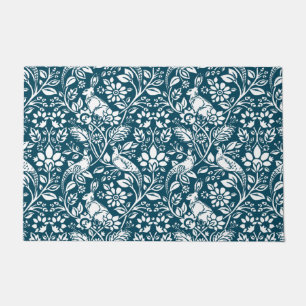 Paillasson Motif de faisan et lièvre, Indigo bleu et blanc D