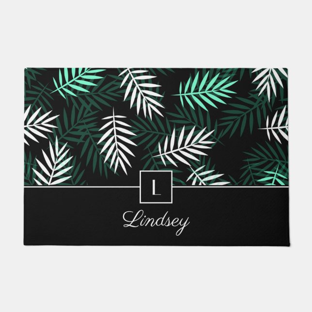 Paillasson Motif de feuilles vertes à monogramme moderne (Devant)