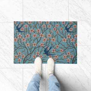 Paillasson Motif de l'hirondelle florale rétro bleu par Walte