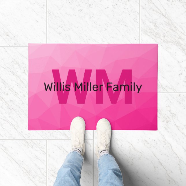 Paillasson Motif de maillage géométrique rose chaud Monogramm (Intérieur)