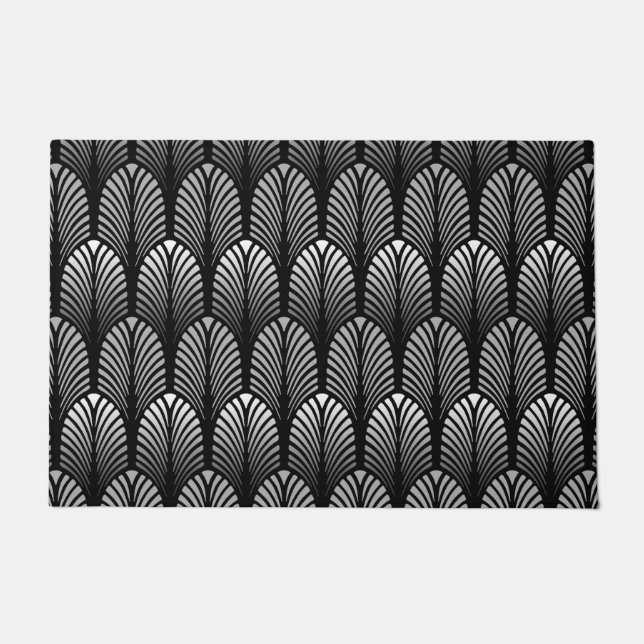 Paillasson Motif de plume d'art déco, gris argenté et noir (Devant)