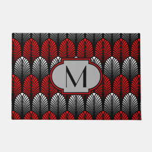 Paillasson Motif de plume d'art déco, gris argenté et rouge