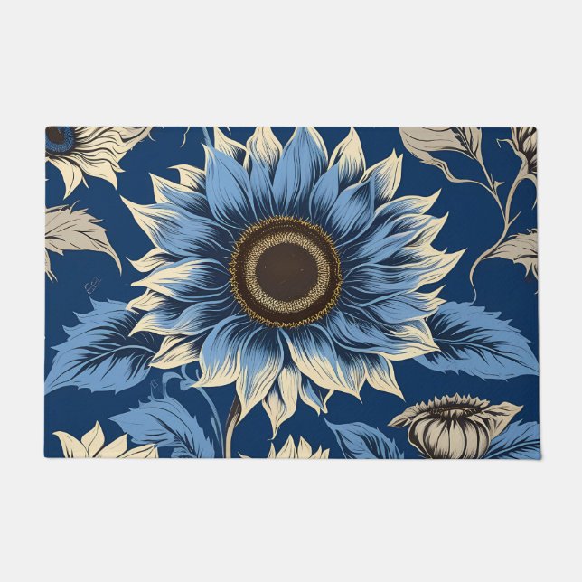 Paillasson Motif de tournesol bleu vintage (Devant)