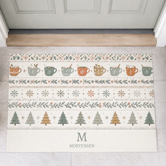 Paillasson Motif de vacances de Noël Monogramme (elegant hygge winter christmas holiday pattern door mat with custom monogram initial family name )