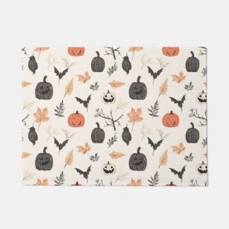 Paillasson Motif d'Halloween avec citrouilles et oiseaux.