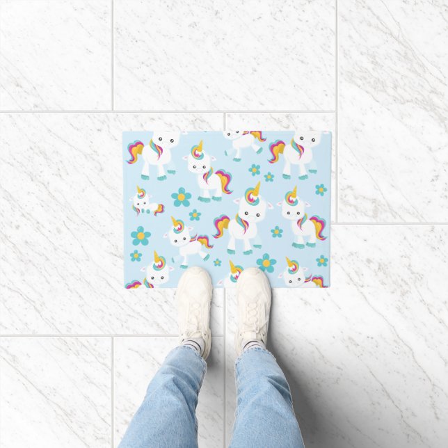 Paillasson Motif D'Unicornes, De Mignons Unicornes, Fleurs (Intérieur)