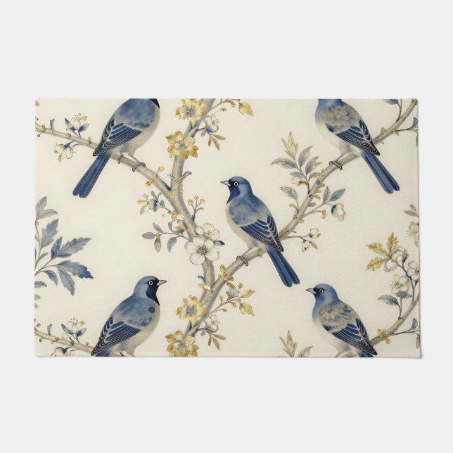 Paillasson Motif Fleur Dorée d'Oiseaux Bleus (Devant)