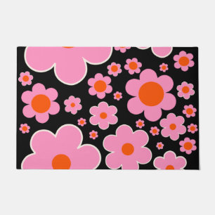Paillasson Motif Fleur Rétro Rose Noir Et Orange