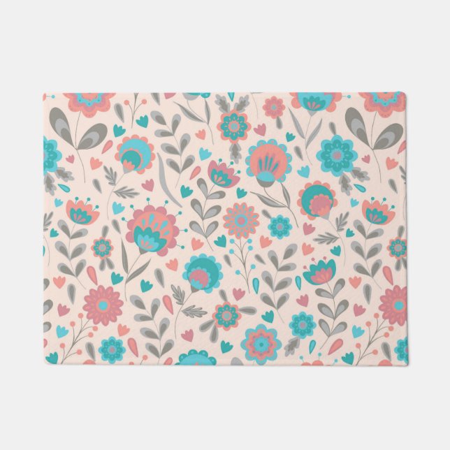 Paillasson Motif floral d'art populaire turquoise et de (Devant)