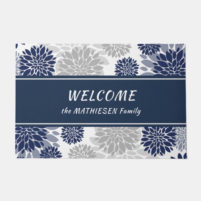 Paillasson Motif graphique de fleurs gris bleu marine (Devant)