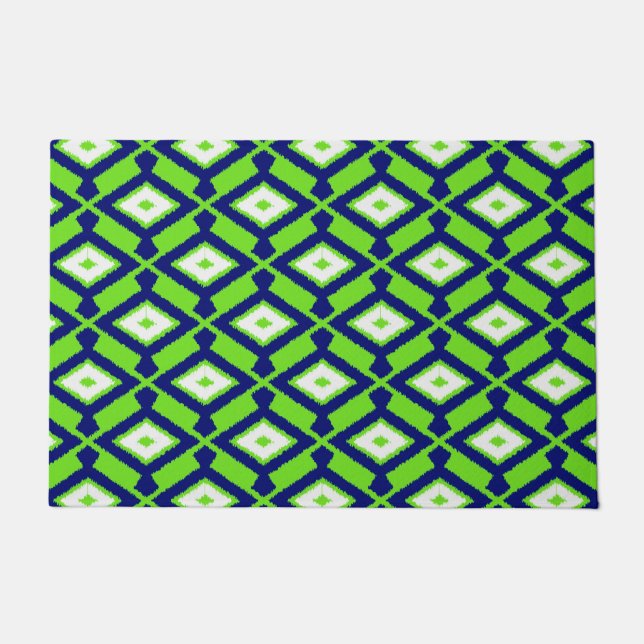 Paillasson Motif Ikat, Vert, Indigo Bleu et Blanc (Devant)