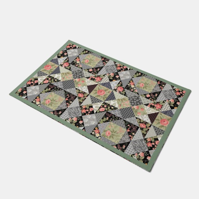 Paillasson Motif Patchwork Papillons Fleurs Rose de feuillage (Incliné)