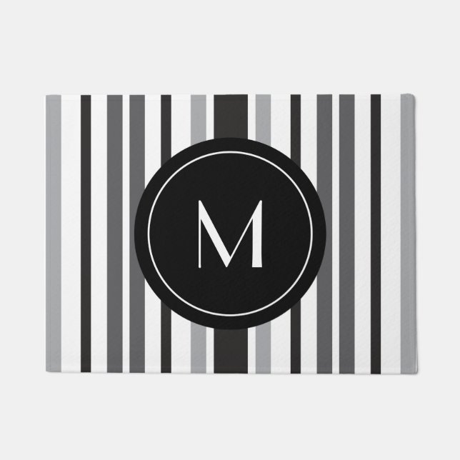 Paillasson Motif rayé gris noir blanc monogramme personnalisé (Devant)