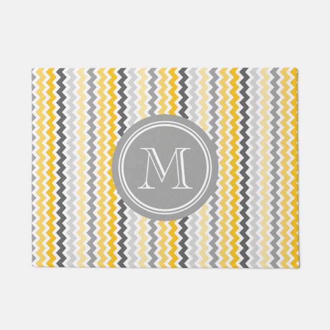 Paillasson Natte grise grise jaune de monogramme de Chevron (Devant)