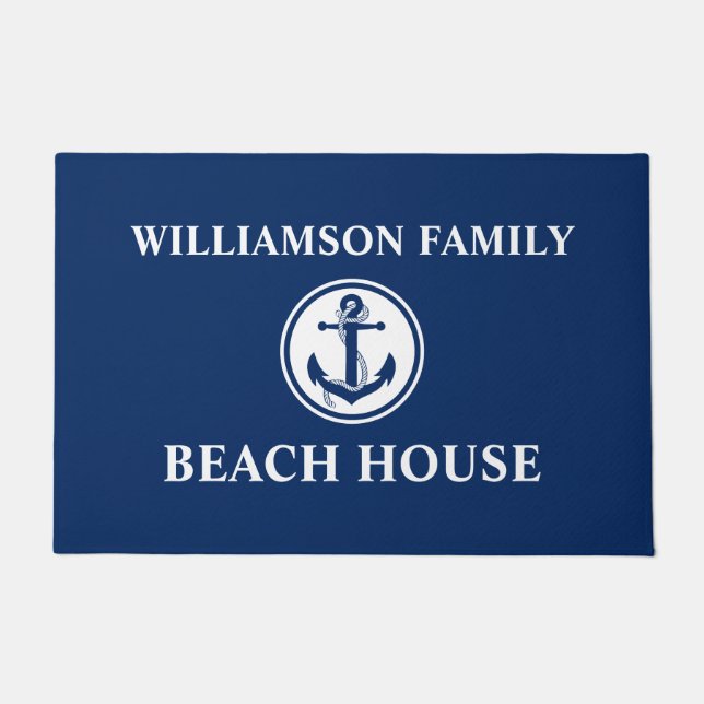 Paillasson Nautical Beach House Nom de famille Ancre Corde Bl (Devant)
