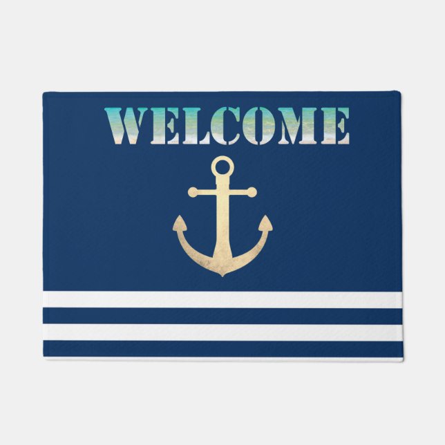 Paillasson Nautical, Gold Anchor Navy Blue Striped (Devant)