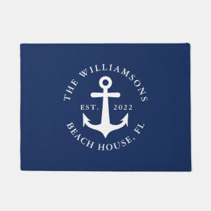 Paillasson Nautical Navy Blue Nom de famille Ancre Beach Hous