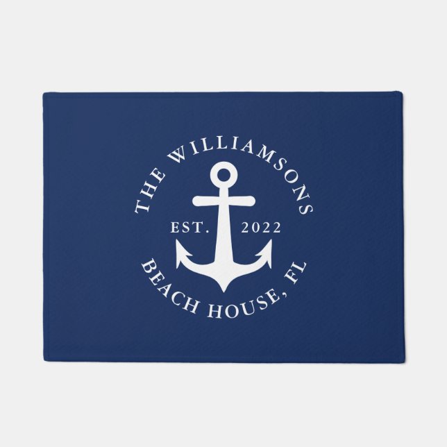Paillasson Nautical Navy Blue Nom de famille Ancre Beach Hous (Devant)