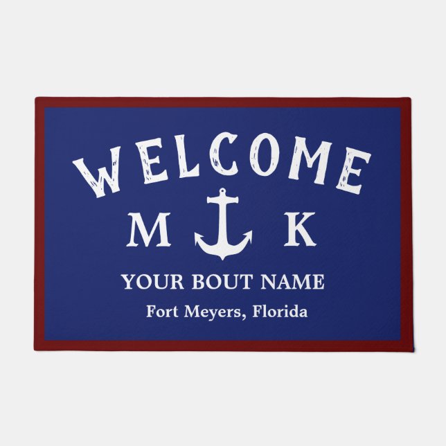 Paillasson Nautical Navy Blue Welcome Aboard Nom du bateau An (Devant)