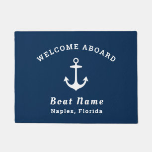 Paillasson Nautical Navy Blue Welcome Aboard Nom du bateau An