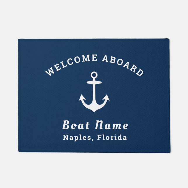 Paillasson Nautical Navy Blue Welcome Aboard Nom du bateau An (Devant)