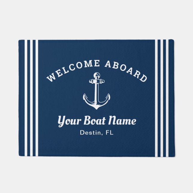 Paillasson Nautical Navy Blue Welcome Aboard Nom du bateau An (Devant)