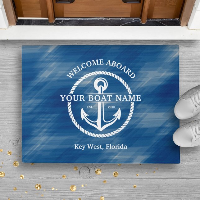 Paillasson Nautical Navy Blue Welcome Aboard Nom du bateau An (Nautical Navy Blue Welcome Aboard Boat Name Anchor Doormat)