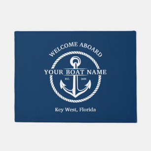 Paillasson Nautical Navy Blue Welcome Aboard Nom du bateau An