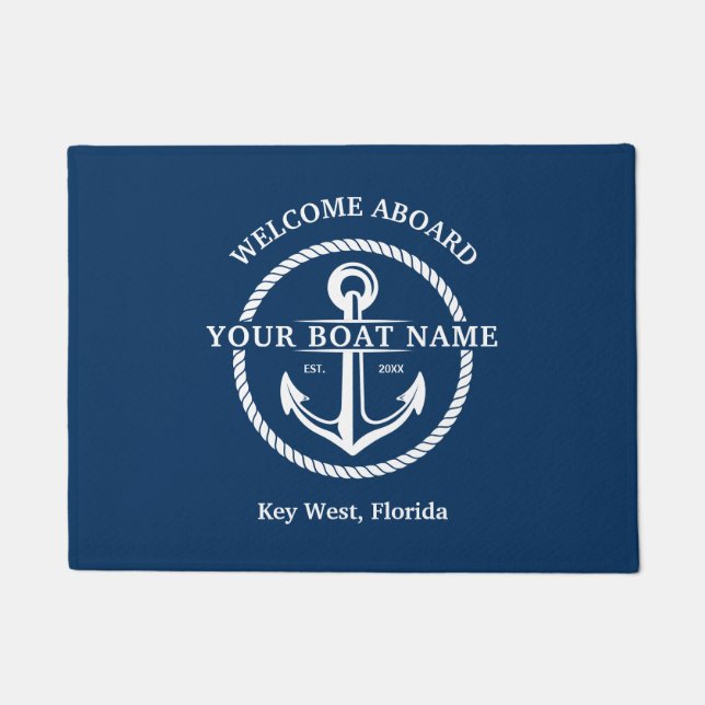 Paillasson Nautical Navy Blue Welcome Aboard Nom du bateau An (Devant)
