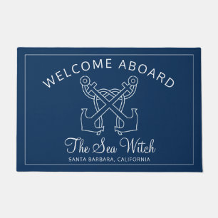 Paillasson Nautical Navy Blue Welcome Aboard Nom du bateau An