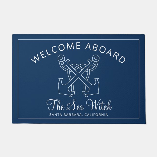 Paillasson Nautical Navy Blue Welcome Aboard Nom du bateau An (Devant)
