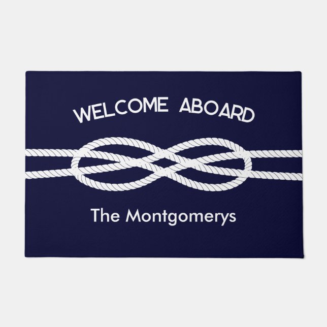 Paillasson Nautical Navy Blue White Rope Welcome Aboard (Devant)