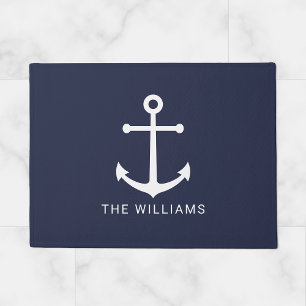 Paillasson Nautical White Anchor and Custom Nom on Navy Blue