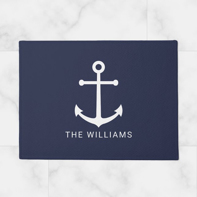 Paillasson Nautical White Anchor and Custom Nom on Navy Blue (Créateur téléchargé)