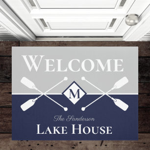 Paillasson Nautique moderne Marine bleu gris Monogram Lake Ho