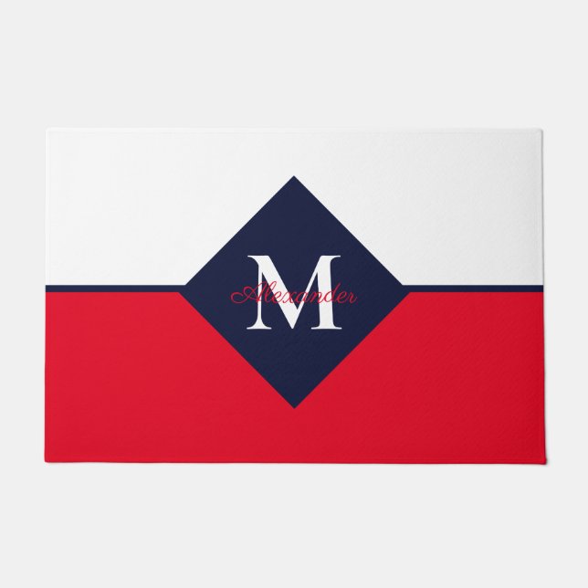 Paillasson Nautique moderne Marine bleu rouge Monogramme (Devant)