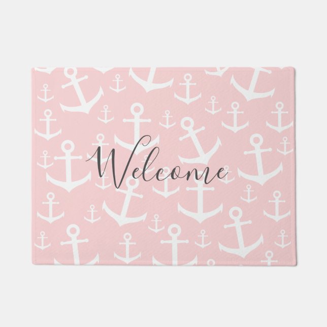 Paillasson Nautique rougissent le motif rose et blanc d'ancre (Devant)