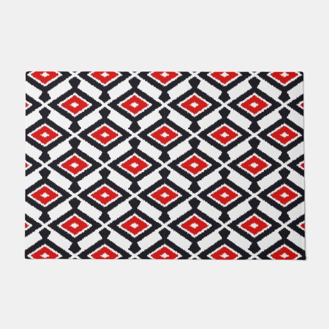 Paillasson Navajo Ikat Motif, rouge foncé, noir et blanc (Devant)