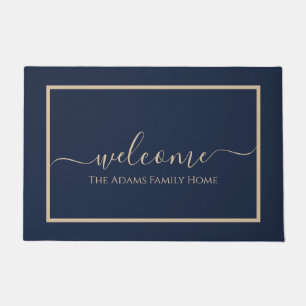Paillasson Navy Taupe Elégant Nom de Famille Script Bienvenue