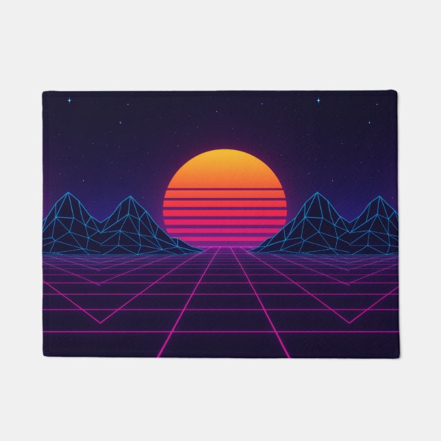 Paillasson Neon Sunset Grid - Rétro-Futuriste Synthwave Stic (Devant)