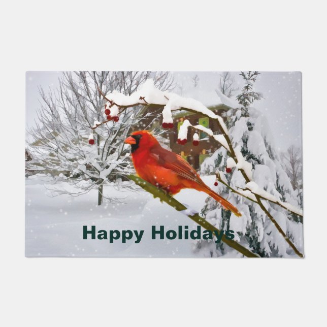 Paillasson Noël, oiseau cardinal rouge et neige (Devant)