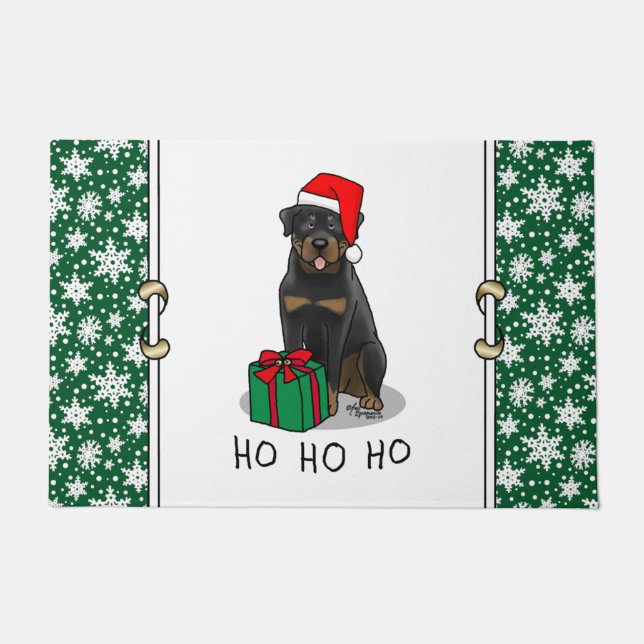 Paillasson Noël Père Noël Casquette Rottweiler Chien Drôle (Devant)