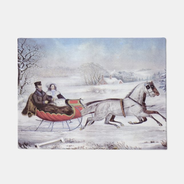 Paillasson Noël Vintage, La Route Hiver, Cheval Sleigh (Devant)