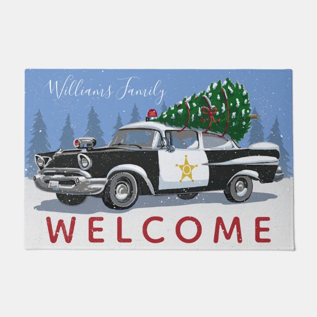 Paillasson Noël Vintage Police voiture Monographie Nom Bienve (Devant)